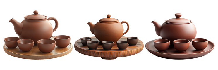 Tea set isolated on transparent background with teapot and cups