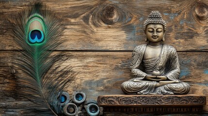 Buddha statue with wooden background and peacock featherwallpaper image with peacock feather and smiling buddhapeaceful image of buddha meditating with wooden backdrop , ai
