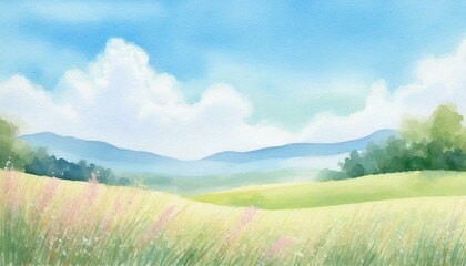 Obraz premium 心地よい風の吹く草原の水彩風イラスト