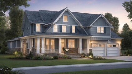 Two-story house with gray siding and white trim, front porch, and double-car garage, surrounded by green landscaping and twilight blue sky