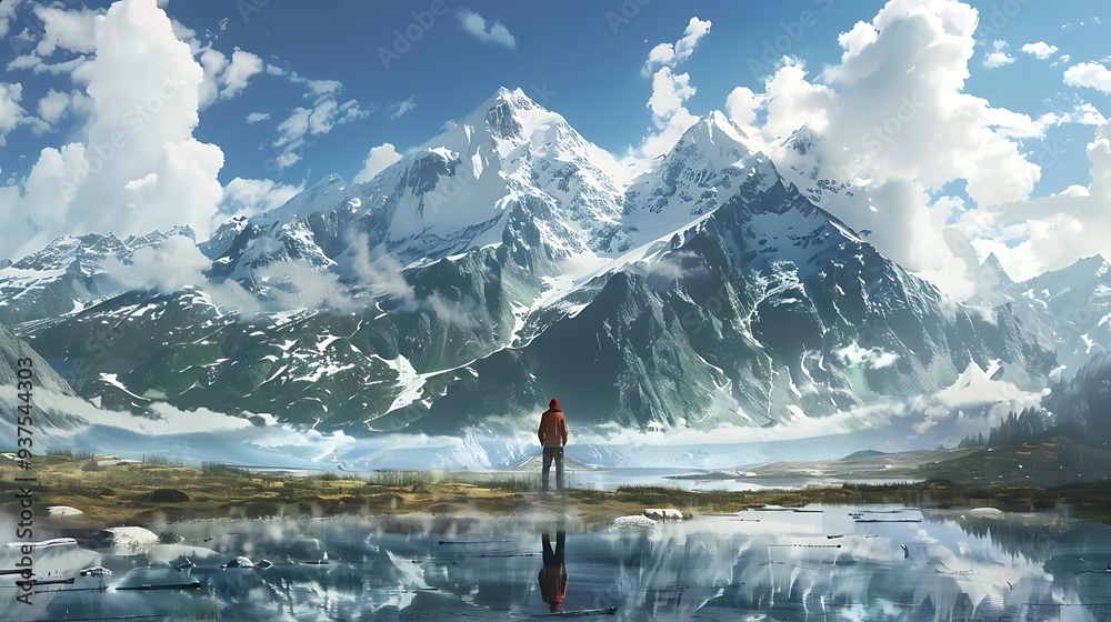 Sticker a serene landscape featuring majestic mountains, a reflective lake, and a lone figure in a red jacke