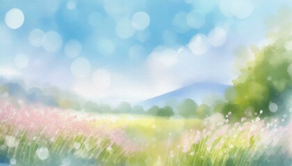 心地よい風の吹く草原の水彩風イラスト