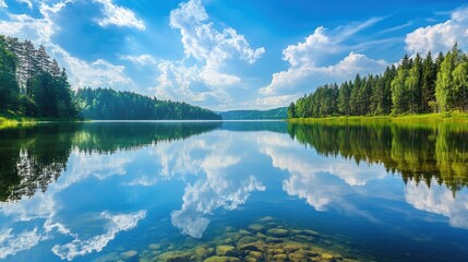 Fototapeta premium Calm, crystal-clear lake with a reflection of the summer sky and trees -