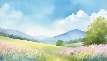 Obraz premium 心地よい風の吹く草原の水彩風イラスト