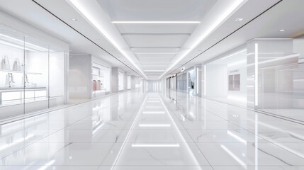 Bright white space. Empty shopping center shelves with white shelving.