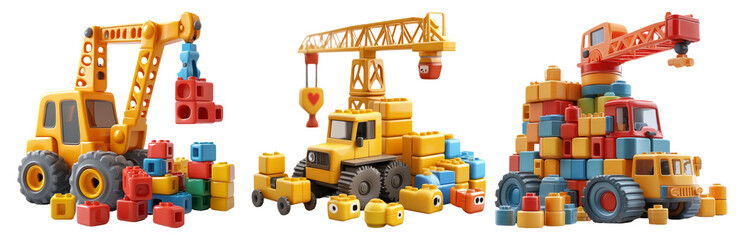 Toy construction vehicle set isolated on transparent background with colorful blocks