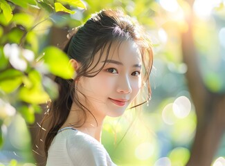 Fototapeta premium Beautiful Asian Woman with Long Brown Hair Posing in a Green Forest