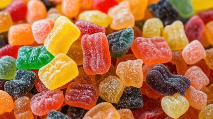 Close-up of a pile of bright, assorted gummy candies in different shapes and colors, perfect for a fun treat