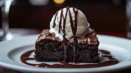 Close-up of a slice of rich, fudgy brownie topped with a scoop of vanilla ice cream and chocolate sauce