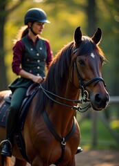 Fototapeta premium An elegant woman riding her horse, showcasing style and grace in nature.
