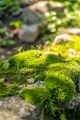 Close Up Of Green Moss Growing On Rocks In Forest