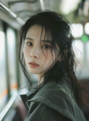 Asian Woman With Black Hair Sitting On A Bus