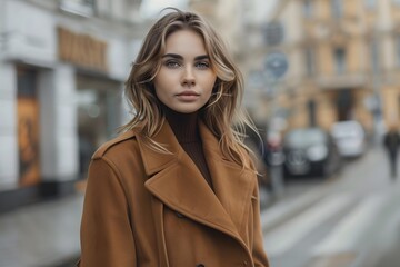 Fototapeta premium Stylish Woman in Brown Coat Standing in City Street