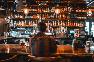Fototapeta premium Man Sitting at a Bar Counter with a Drink
