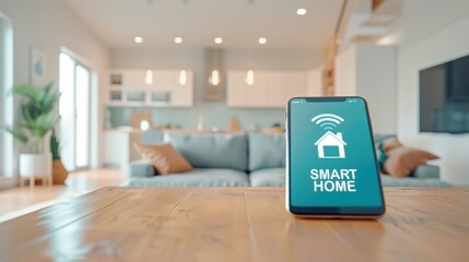 A smartphone displaying a smart home icon, showcasing modern interior design and technology in a cozy living space.