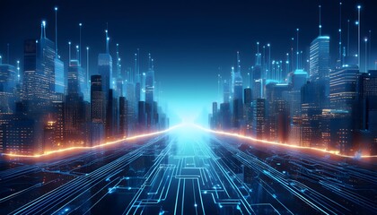 3D illustration of a night city with lights and skyscrapers presented in holographic form.