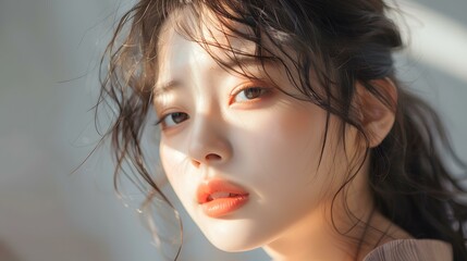 Beautiful Asian Woman with Wet Hair Looking at Camera