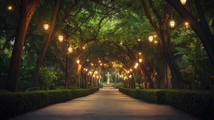 Obraz premium A Stone Path Through a Lush, Lamp-Lit Garden