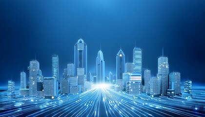 3D illustration of a night city with lights and skyscrapers presented in holographic form.