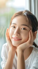 Smiling Asian Woman with Natural Makeup Looking at Camera