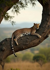 Obraz premium A leopard rests elegantly on a high tree branch, overlooking the savanna.