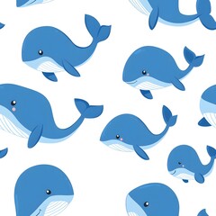 Obraz premium Cute cartoon blue whales, seamless pattern on a white background