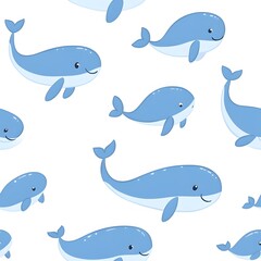 Naklejka premium Cute cartoon blue whales, seamless pattern on a white background
