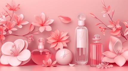 perfume composition , perfume bottles , romantic floral fragrance , minimalist perfume design with flowers