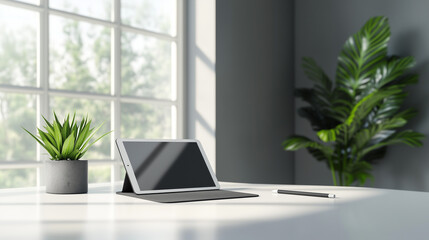 Minimalist desk setup with tablet, stylus, and potted plant by a large window with natural light