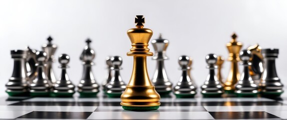 The Golden king chess piece standing on chessboard corner in front of many silver chess pieces on white background. Leadership, fighter, competition, confrontation, and business strategy concept.