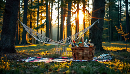 A cozy outdoor picnic scene in a forest, with a hammock strung between two trees, a wicker basket filled with food and drinks, and a plaid blanket spread out on the grass.