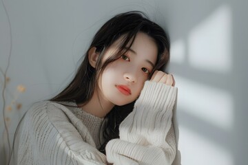 Young Asian Woman in a Knitted Sweater Leaning Against a Wall