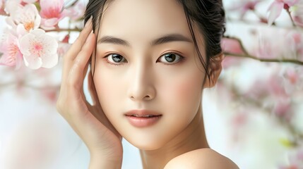 Fototapeta premium Beautiful Asian Woman with Cherry Blossoms