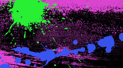 Abstract grunge paint splatter texture wall background with dynamic and bright composition. Splashes and dots of different sizes. 