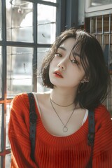 Young Asian Woman in Red Sweater Looking Through Window