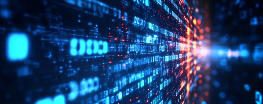 Abstract digital data stream background.  Blue, red, and white glowing code in a tunnel.