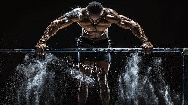 Parallel Bars Exercise: Male athlete performing a difficult exercise on gymnastic parallel bars 