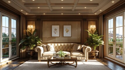 Elegant living room with a plush sofa and large windows, showcasing indoor plants and tasteful decor on a sunny day