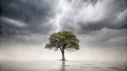 Obraz premium A sturdy tree enduring a fierce storm, representing strength and growth despite hardships. 