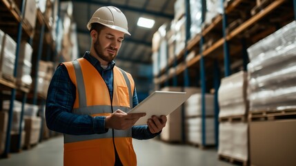 Warehouse worker in hardhat and safety vest uses a tablet to check inventory.
