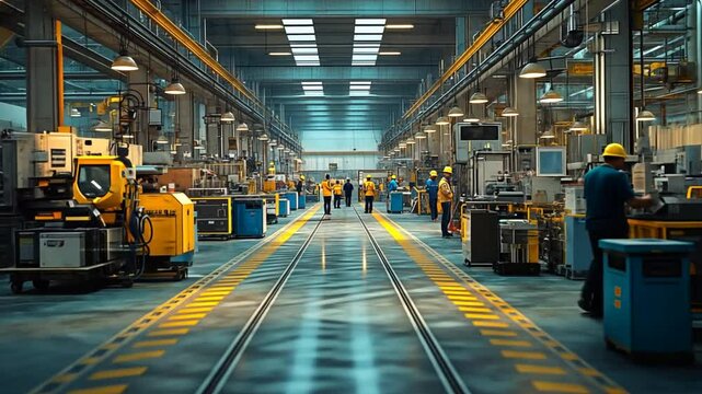 A busy factory setting featuring both factory workers and mechanics working together, factory workers operating machinery,