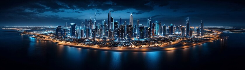 Naklejka premium A 3D Abu Dhabi skyline with soft lighting on the right, representing the capital city's grandeur.