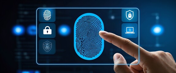 Blue fingerprint scan icon on virtual screen while finger scanning for security access with biometrics identification on dark. Cyber security, privacy data protection technology for business.
