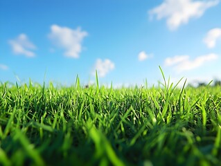 Fototapeta premium Lush Green Grass Field Under Bright Blue Sky and Fluffy Clouds