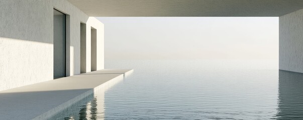 Minimalist white architecture with a view of the ocean.