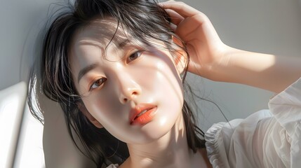 Close Up Portrait of an Asian Woman with Long Black Hair Looking at Camera