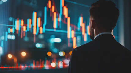 Declining Candlestick Chart: Male manager analyzing a declining candlestick chart.