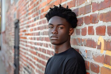 Obraz premium Young Man Leaning Against Brick Wall with Serious Expression