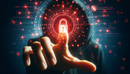 Hand engaging with a futuristic digital interface featuring a lock icon
