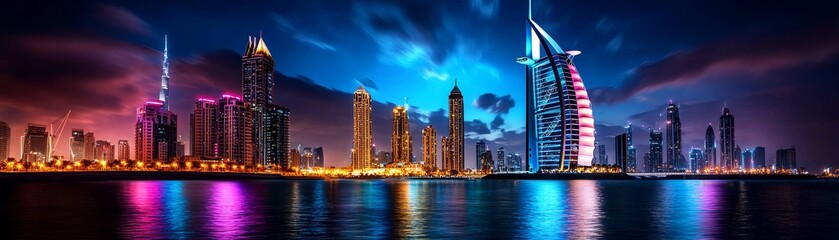 Obraz premium A 3D Burj Al Arab with soft glowing lights on the right, symbolizing the luxury and opulence of Dubai.